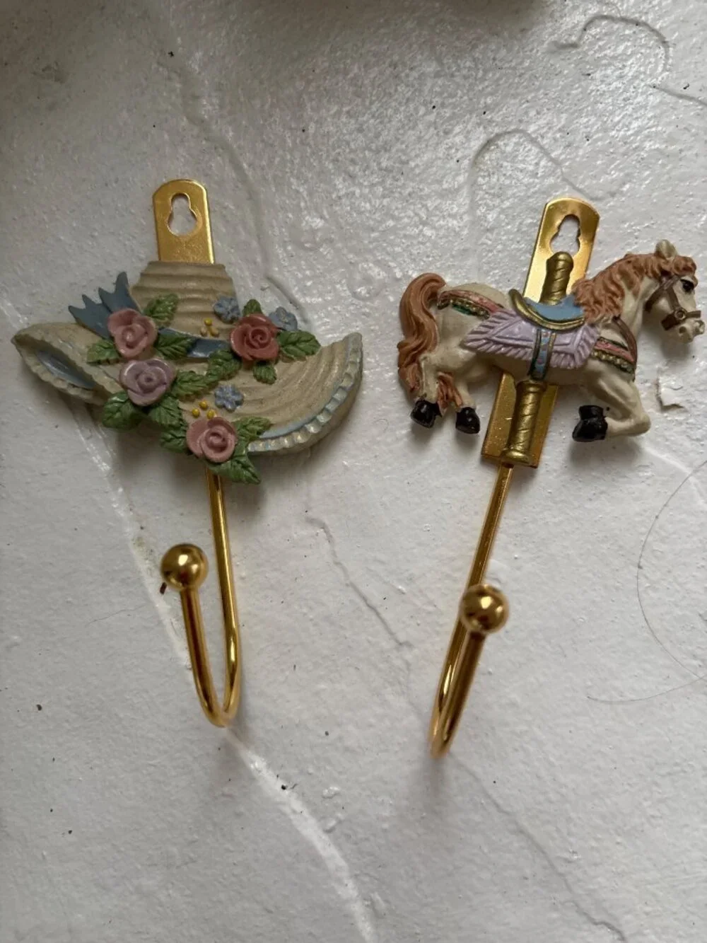Vintage Wall Hooks Set of 2 Rustic Metal Farmhouse Nursery Carousel Hat Horse